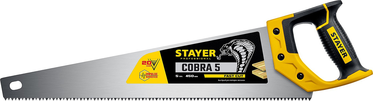 Ножовка по дереву (пила) ″Cobra 5″ 450 мм, 5 TPI, прямой крупный зуб, быстрый рез поперек волокон, для крупных