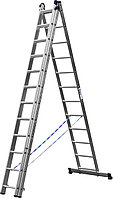 Трехсекционная лестница СИБИН, 12 ступеней, со стабилизатором, алюминиевая