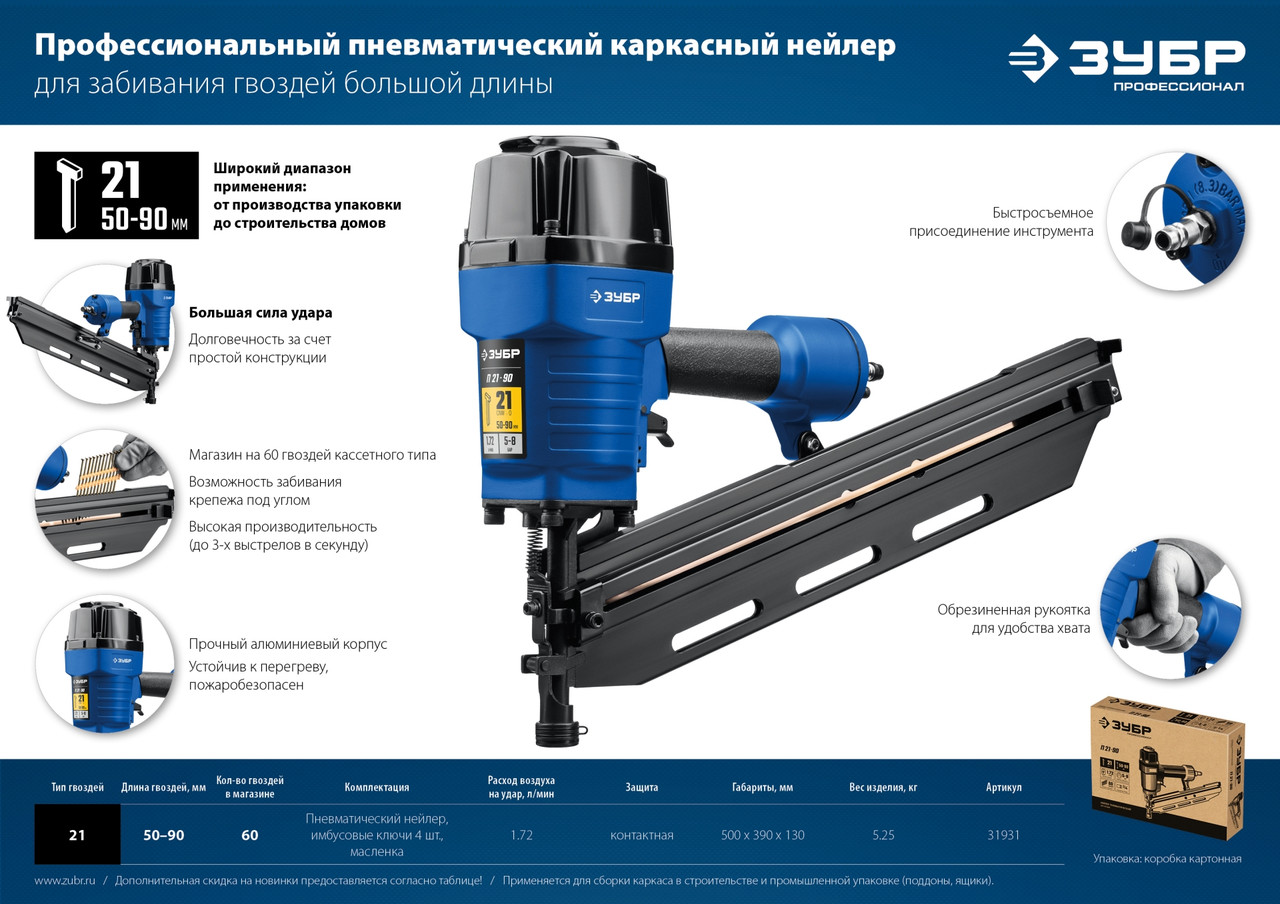 Пневматический нейлер (гвоздезабиватель) ЗУБР П21-90, гвозди тип 21 (50-90мм), Профессионал - фото 9 - id-p104487722