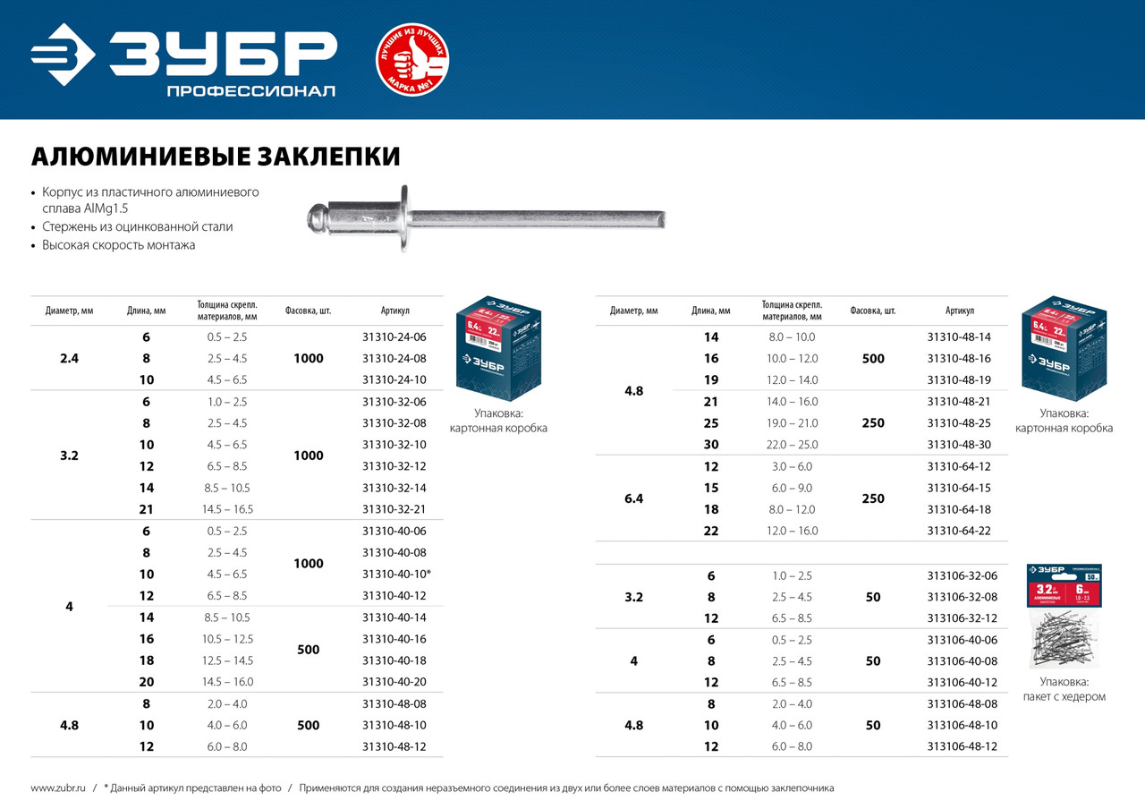 Алюминиевые заклепки, 4.0 х 16 мм, 500 шт., ЗУБР Профессионал