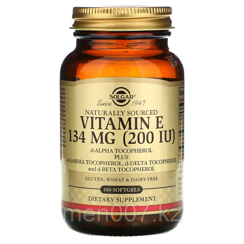 БАД Натуральный Витамин Е, 200 IU, 134 мг, 100 вегетерианских капсул, Solgar