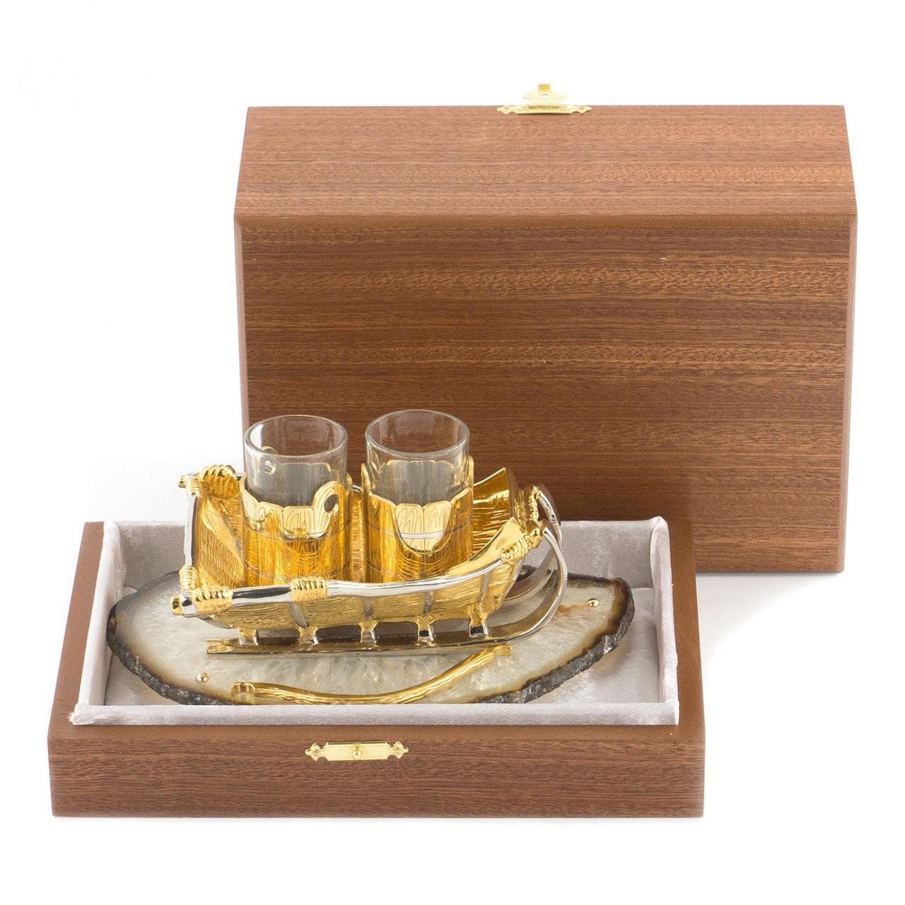 Подарочный набор икорница и 2 стопки для водки "Сани" камень агат в подарочной коробке Златоуст - фото 6 - id-p80871722