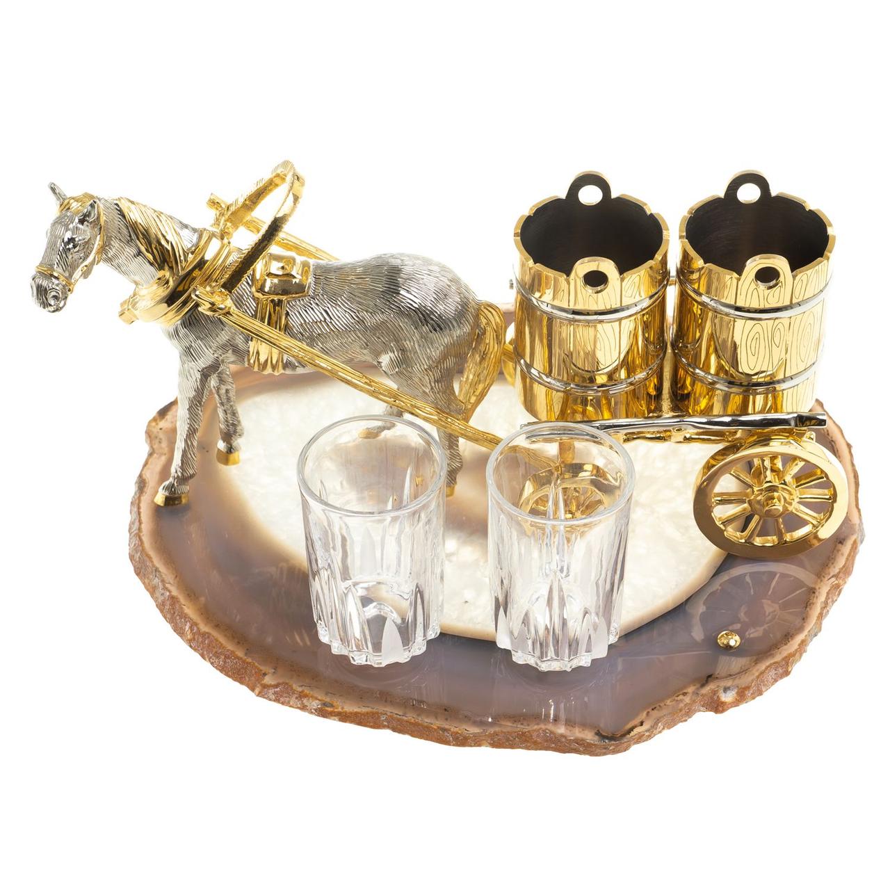 Подарочный набор из 2 стопок для водки "Лошадь с телегой" камень агат в деревянной коробке Златоуст - фото 4 - id-p80871724