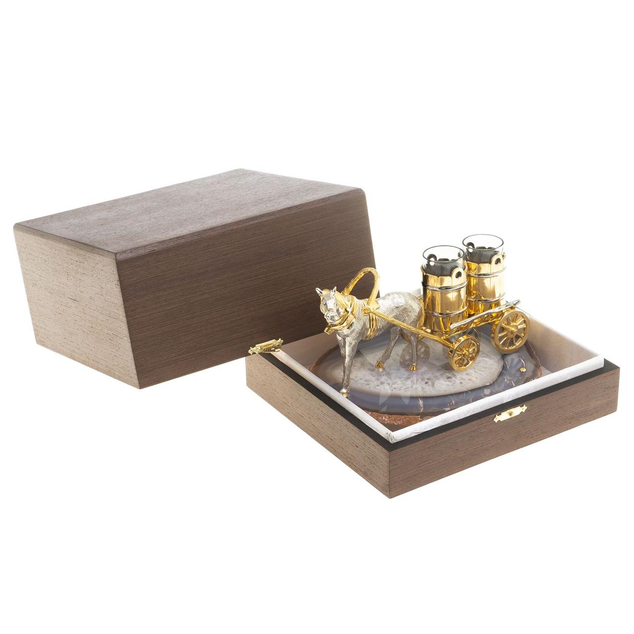 Подарочный набор из 2 стопок для водки "Лошадь с телегой" камень агат в деревянной коробке Златоуст - фото 6 - id-p80871724
