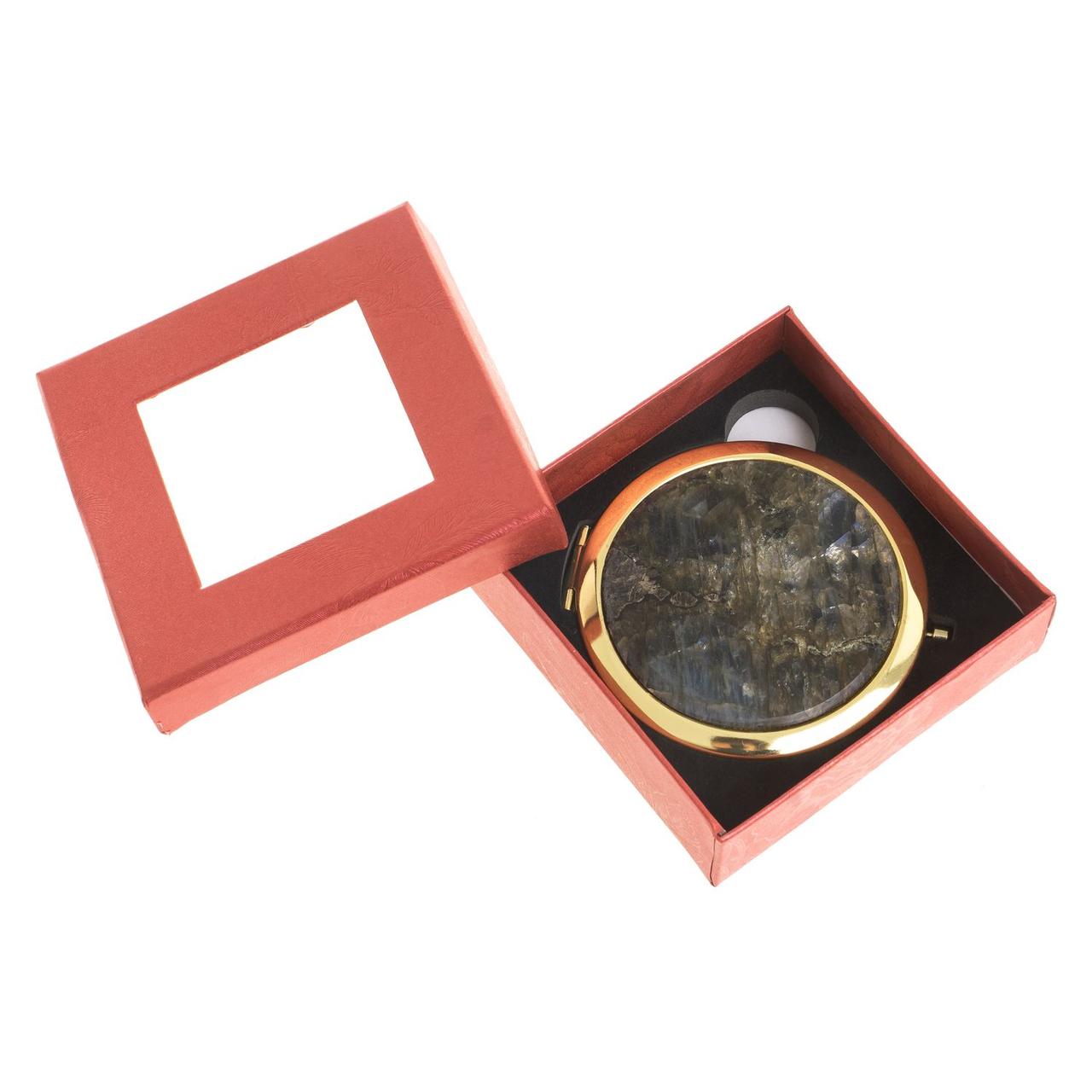 Карманное зеркальце круглое из камня лабрадор цвет золото в подарочной упаковке - фото 3 - id-p95545671