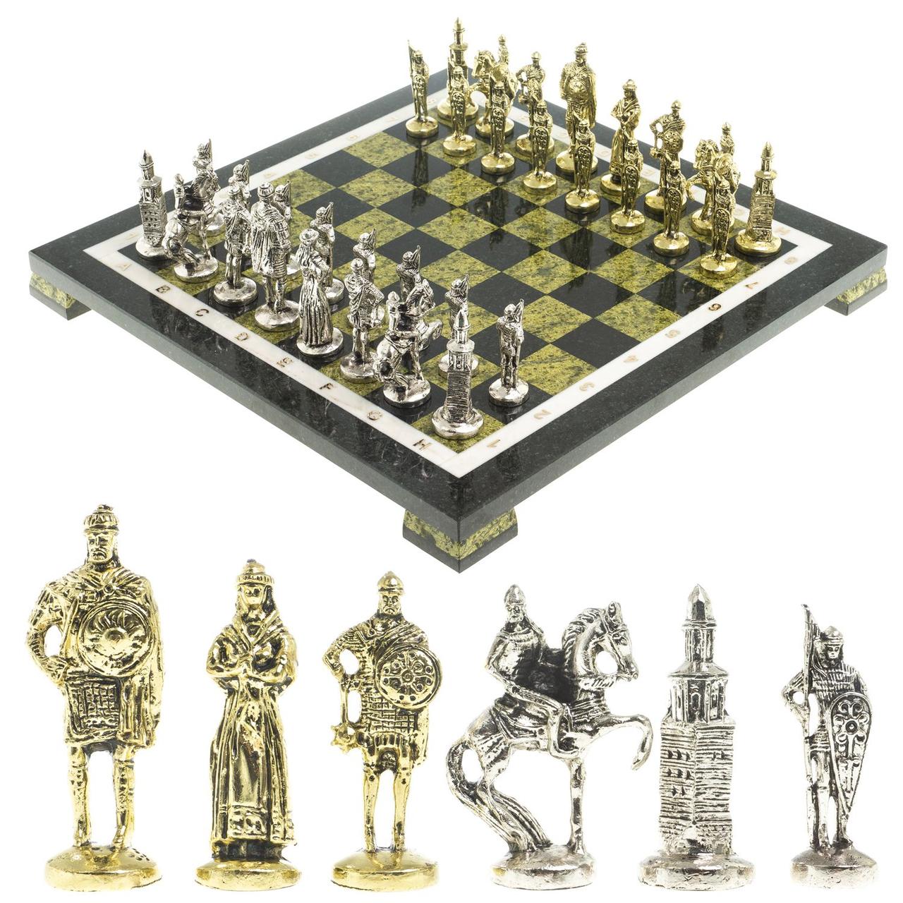 Игровой набор шахматы "Русские витязи" доска 40х40 см камень змеевик фигуры металл - фото 1 - id-p96663306