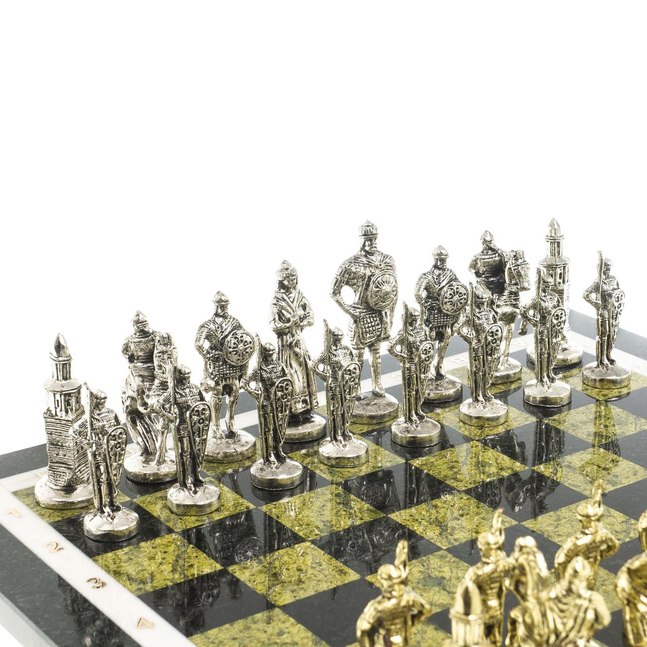 Игровой набор шахматы "Русские витязи" доска 40х40 см камень змеевик фигуры металл - фото 3 - id-p96663306