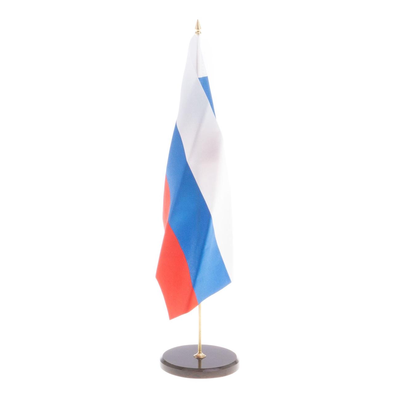 Флагшток настольный с флагом России на круглой подставке из камня обсидиан 7х7х30,5 см / держатель для флага / - фото 1 - id-p102392220