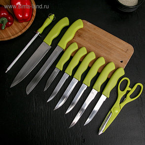 Набор кухонных принадлежностей на подставке, 8 ножей, ножеточка, ножницы, цвет зелёный, фото 2