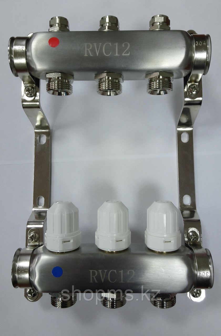 ТП Коллекторный блок НЕРЖ 1" (DN25) 5 x 3/4" (евроконус), С ВЕНТИЛЬНЫМИ ВСТАВКАМИ RVC Pro   **