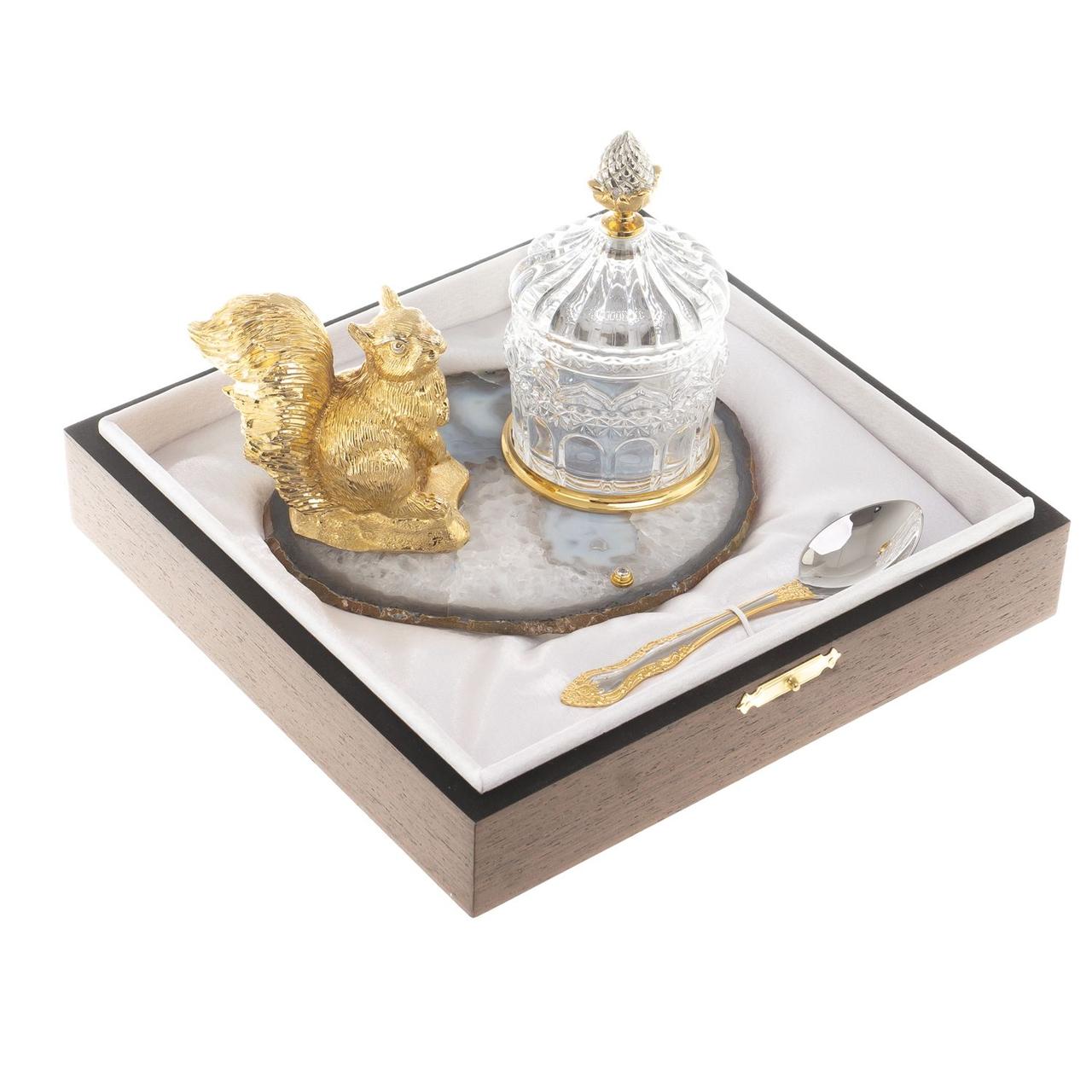 Медовница "Золотая белка" камень агат бронза в подарочной коробке Златоуст / посуда для меда / банка для меда - фото 6 - id-p80871716