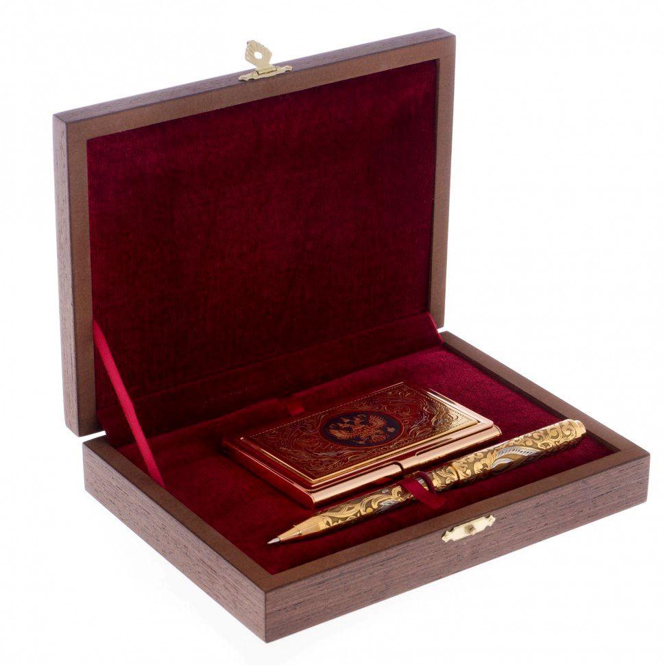 Подарочный набор карманная визитница с ручкой "Герб России" - оригинальный подарок бизнес партнеру - фото 2 - id-p94249709