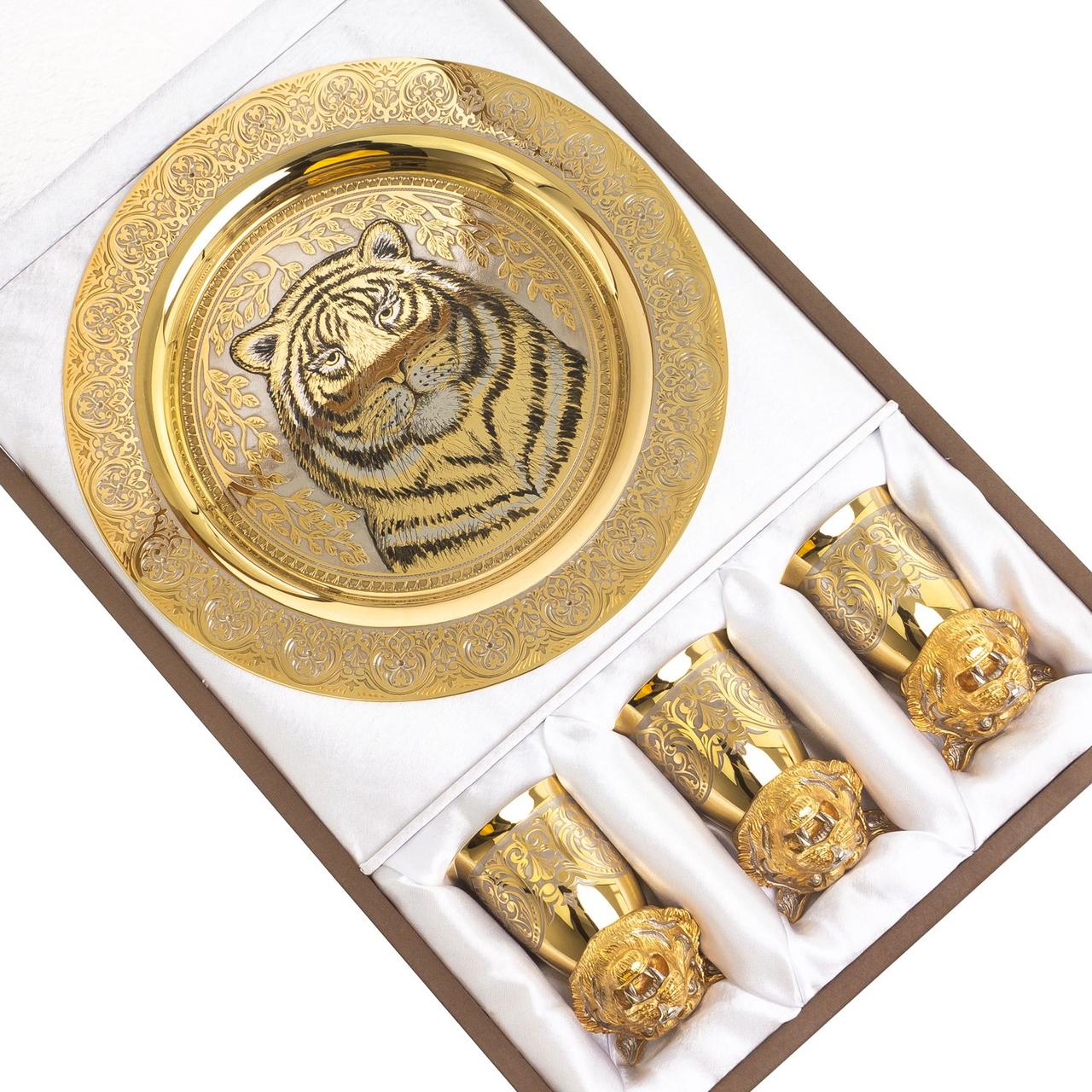 Подарочный набор "Тигр" тарелка и 3 стопки перевертыша 60 мл в деревянной коробке Златоуст - фото 5 - id-p97829554