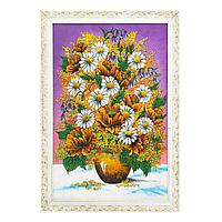 Картина "Букет из маков и ромашек" белый багет 47х67 см сиреневый фон / картина в гостиную / картина на стену
