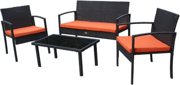 Набор мебели с подушкой Бостон стол+2кресла+диван ротанг черный, подушки оранжевые
