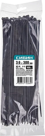 Хомуты-стяжки черные ХС-Ч, 3.6 х 300 мм, 100 шт, нейлоновые, СИБИН - фото 1 - id-p104647941