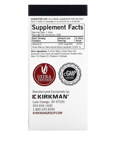 Kirkman Labs, мицеллярный витамин A, в каплях, 30 мл (1 жидк. унция) - фото 2 - id-p104656128