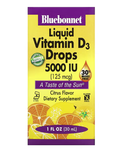 Bluebonnet Nutrition, капли витамина D3, с натуральным цитрусовым вкусом, 5000 МЕ, 30 мл (1 жидкая унция)