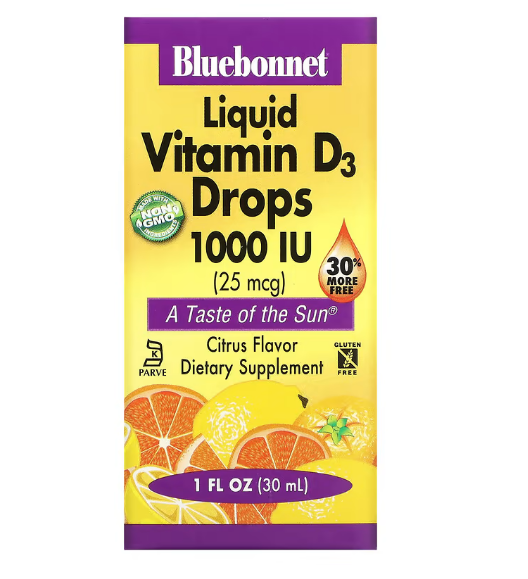 Bluebonnet Nutrition, Жидкий витамин D3, в каплях, натуральный цитрусовый вкус, 1,000 МЕ, 1 жидкая унция (30 м - фото 1 - id-p104657889