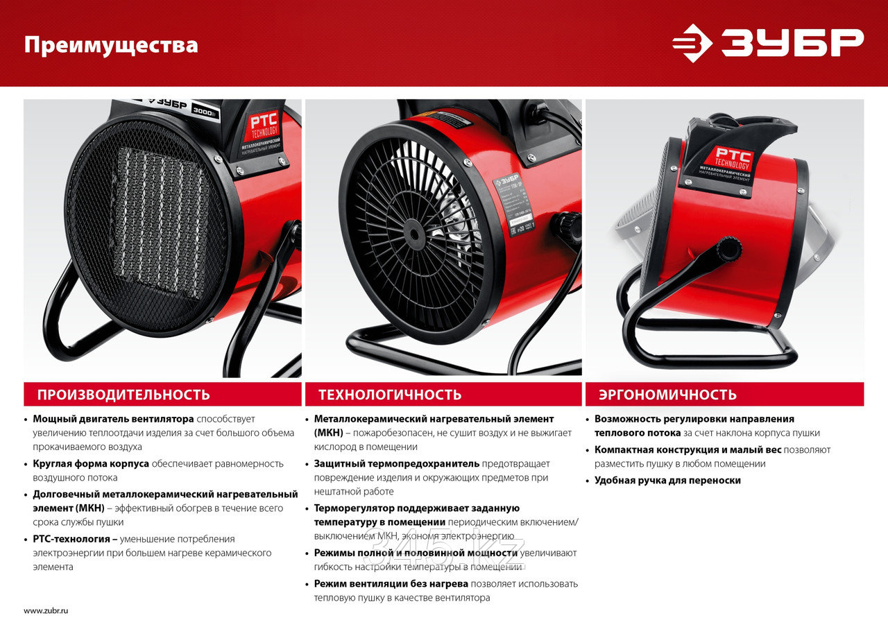 Электрическая тепловая пушка ЗУБР, 3,2/1,6 кВт, с металлокерамическим нагревательный элементом - фото 6 - id-p104658678
