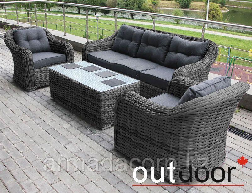 Комплект мебели из ротанга OUTDOOR Касабланка (3-местный диван, 2 кресла, стол), ш/п, графит