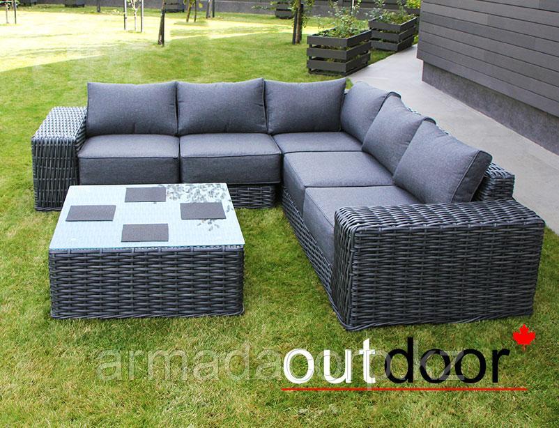 Комплект мебели из ротанга OUTDOOR Санторини (угловой диван, стол), широкое плетение, графит