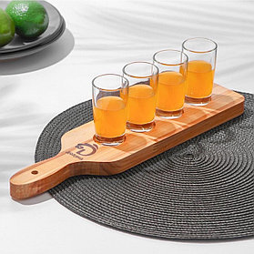 Доска для подачи с ручкой, 35×9×1,8 см, на 4 шота, диаметр ячеек 3,9 см,с пропиткой, берёза