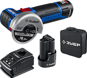 ЗУБР 12В бесщеточная УШМ, 2 аккумулятора (2Ач), в сумке, Профессионал. AB-76-22