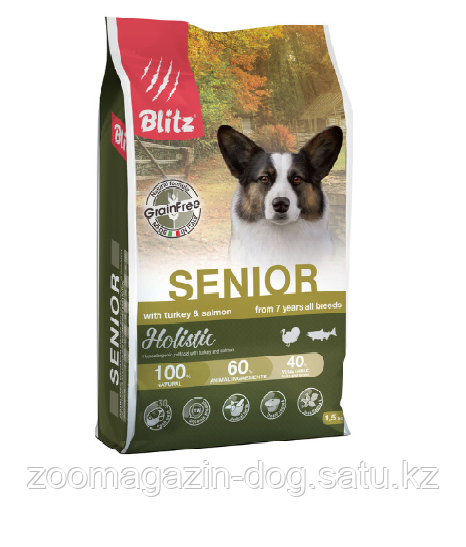 BLITZ SENIOR DOG TURKEY & SALMON/беззерновой корм для собак старше 7 лет Индейка & Лосось/12 кг - фото 1 - id-p104794715