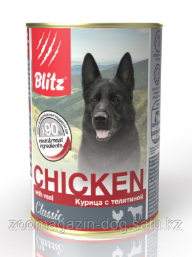 BLITZ CHICKEN/ КУРИЦА С ТЕЛЯТИНОЙ, корм консерв. полнорац., для СОБАК ВСЕХ пород и возрастов / 750гр, ж/б - фото 1 - id-p104849630