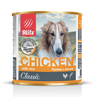 BLITZ CHICKEN/ КУРИЦА С РИСОМ корм консерв. полнорац., для СОБАК ВСЕХ пород и возрастов/ 750гр, ж/б