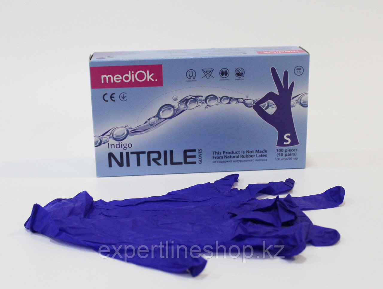 Перчатки нитриловые MediOk смотровые неопудренные, ИНДИГО, размер S, уп 100шт - фото 1 - id-p104850032