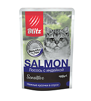 BLITZ SALMON/ ЛОСОСЬ С ИНДЕЙКОЙ, кусочки в соусе , корм консервированный полнорац. для КОШЕК / 85гр