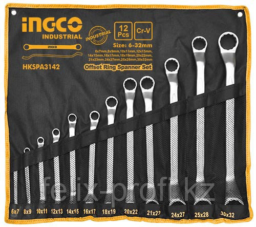 INGCO Набор накидных изогнутых ключей 12шт/ Размер: 6-32мм INDUSTRIAL - фото 1 - id-p104893205