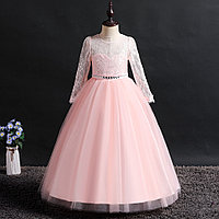 Платье детское розовое. Бальное платье принцессы с длинными рукавами и цветочным узором.