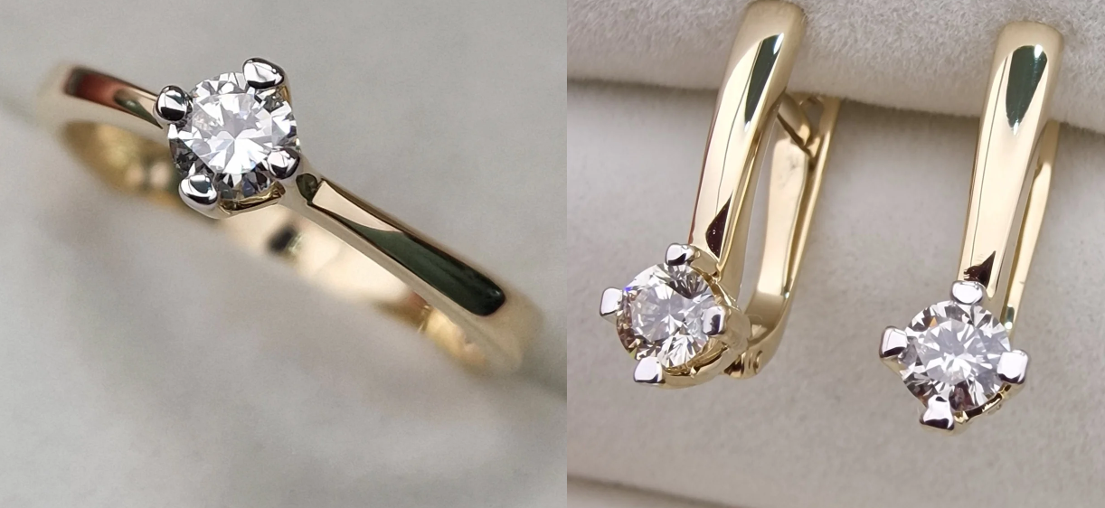 Золотой набор с бриллиантами (кольцо 0.23Сt VVS2/I, VG - Cut , серьги 0.48Ct VS2/K, VG-Cut, )