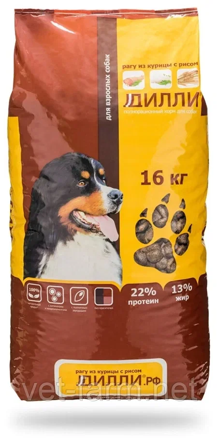 Корм ДИЛЛИ для взрослых собак Рагу из курицы с рисом (16 кг), фото 1
