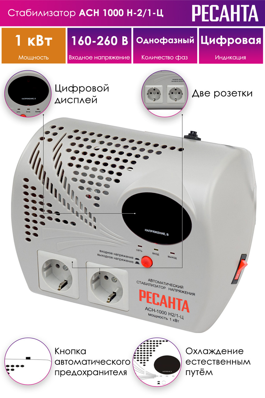 Стабилизатор напряжения электронный (Релейный) - РЕСАНТА ACH-1000Н2/1-Ц - 1 кВт-Настенный - фото 2 - id-p100801163