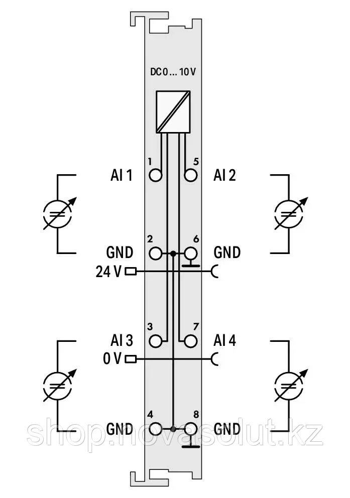 4-канальный аналоговый вход; 0 ... 10 В постоянного тока; односторонний WAGO 750-459 - фото 4 - id-p104963536