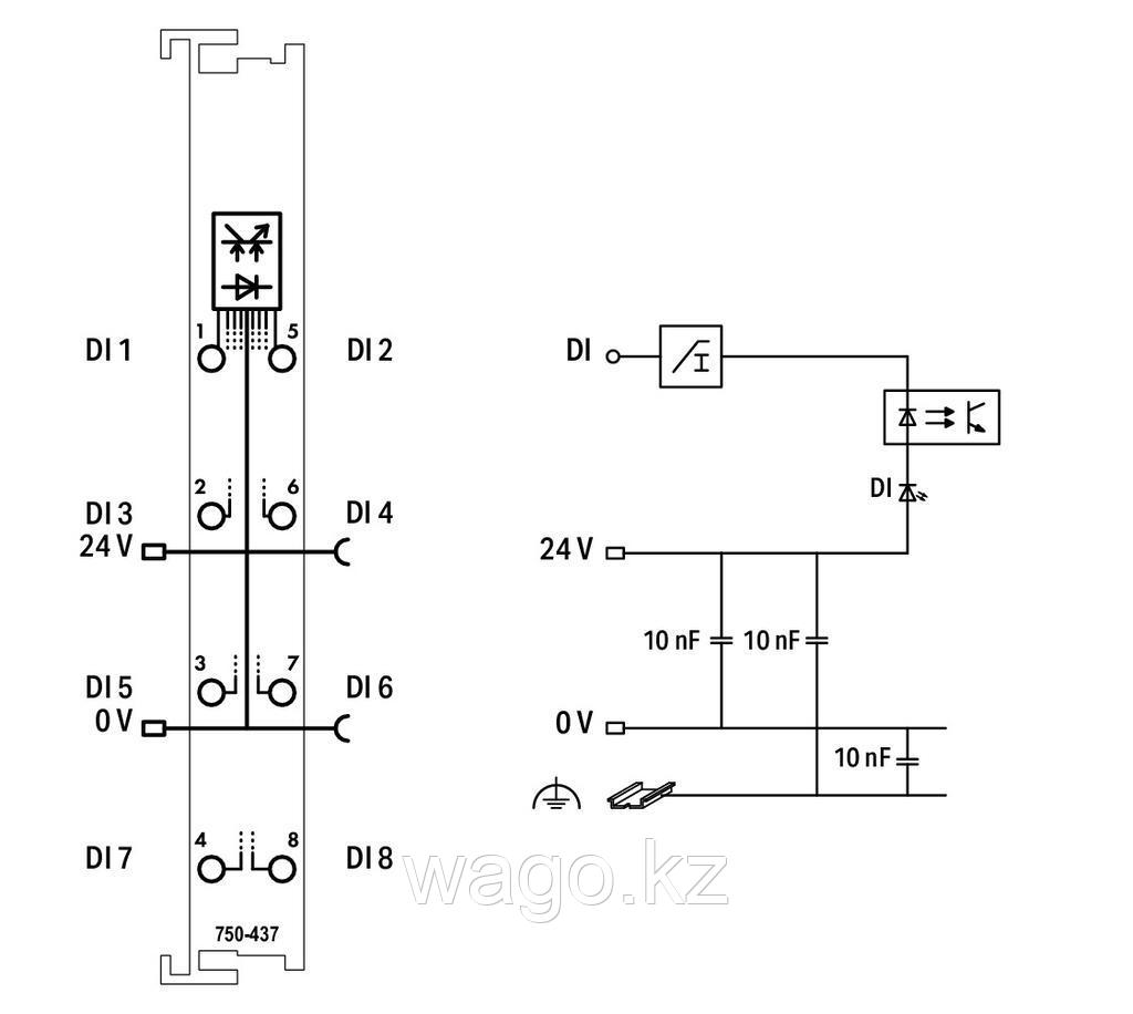 8-канальный цифровой вход; 24 В постоянного тока; 0,2 мс; Переключение по нижнему краю WAGO 750-437 - фото 3 - id-p104963624