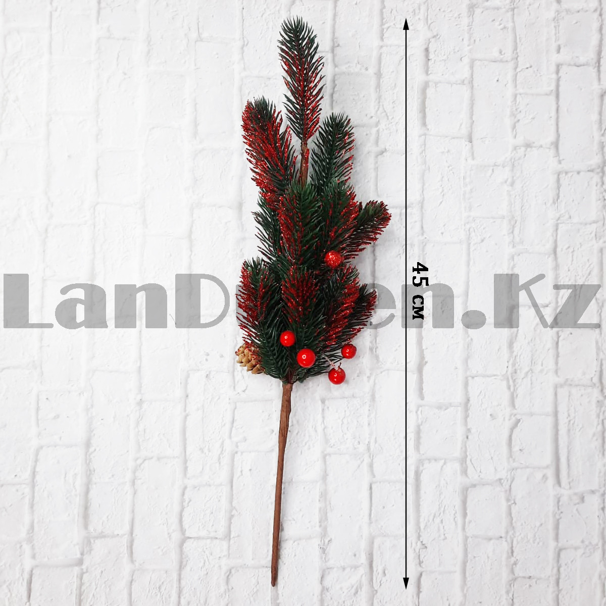 Искусственная ветка новогодняя с красными ягодами и красными блестками 45 см HX-8 - фото 2 - id-p104985326