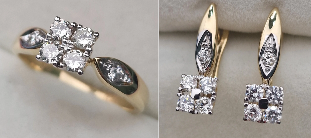 Золотой набор с бриллиантами (кольцо 0.39Сt VSI2-SI1/K VG-Cut, серьги 0.69Ct VS2-SI1/K, VG-Cut)