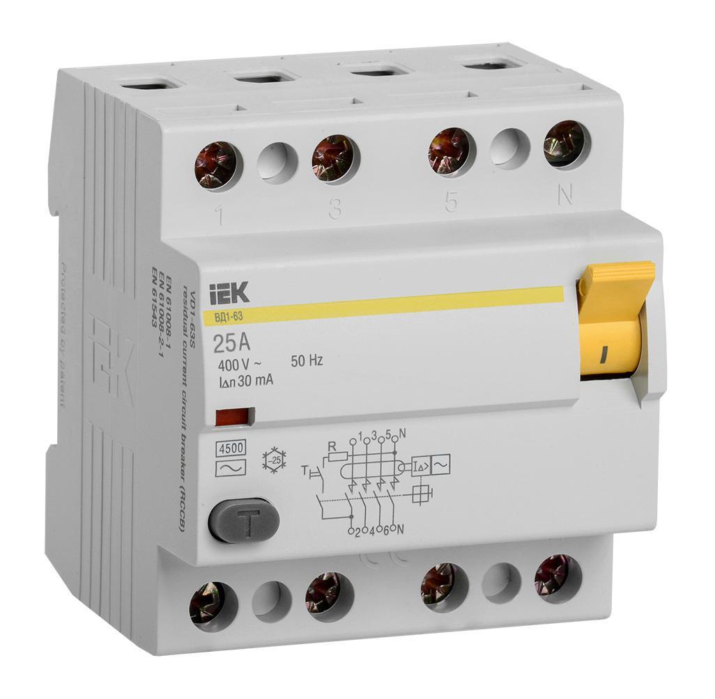 Выключатель дифф.тока УЗО IEK ВД1-63 MDV10-4-025-030 25A 30мА AC 4П 400В 4мод белый (упак.:1шт)
