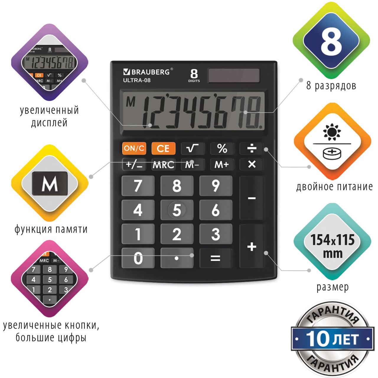 Калькулятор настольный BRAUBERG ULTRA-08-BK, КОМПАКТНЫЙ (154x115 мм), 8 разрядов, двойное питание, ЧЕРНЫЙ - фото 2 - id-p105038721