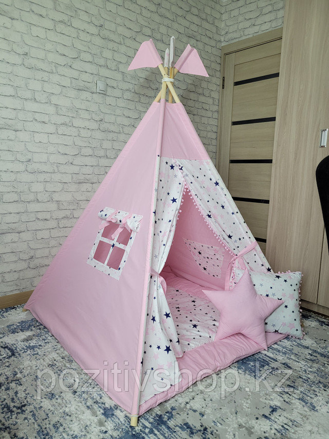 Детский домик вигвам четырехгранный Звездочки розовый