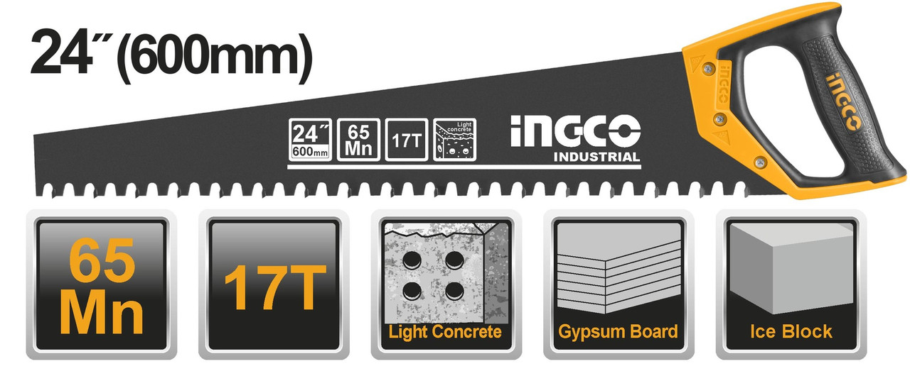INGCO Ножовка по пенобетону 600мм INDUSTRIAL/углеродистая сталь марки 65Mn