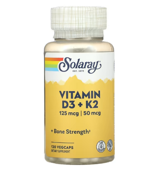 Solaray, витамины D3 и K2, без сои, 125 мкг (5000 МЕ), 120 растительных капсул
