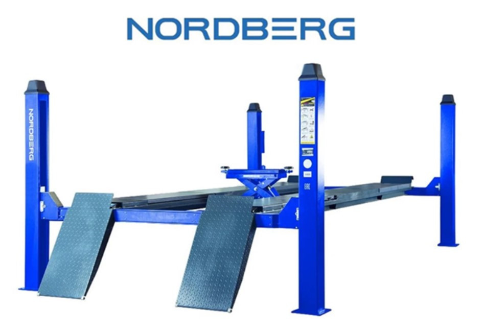 Подъемник 4х-стоечный 5т, c траверсой (от гидростанции) 3т, 380В для сход-развала (синий) NORDBERG 4450