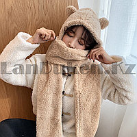 Шапка шарфик с ушками и варежками светло бежевая