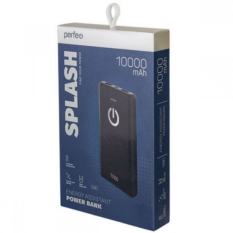 Аккумулятор Perfeo SPLASH Powerbabk 10000 mAh + Micro USB/In Micro USB/Out USB 1A,  2..1A  Black